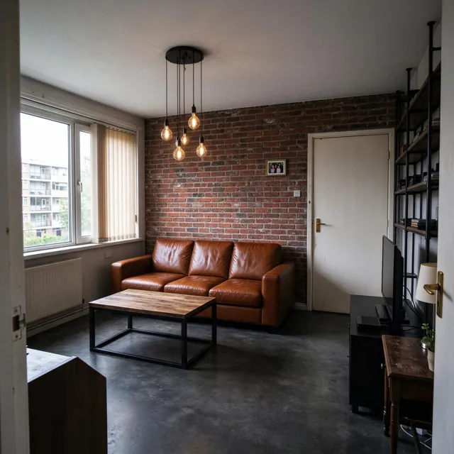 The same living room redesigned in industrial loft style