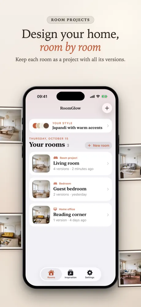 Rooms screen with a style card and three room projects