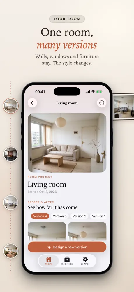Living room project page with its versions