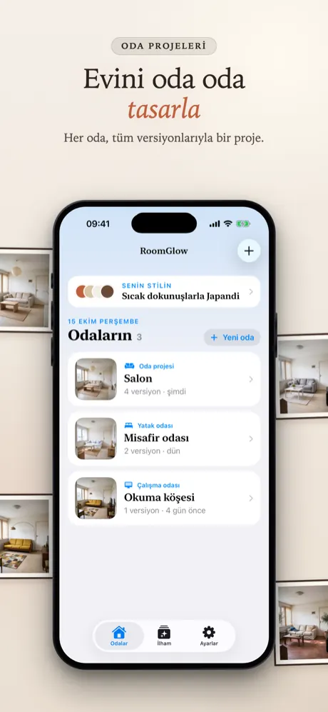 Stil kartı ve üç oda projesiyle Odalar ekranı